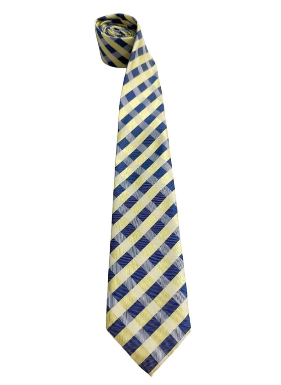 Men’s 100% Silk Tie Yellow Navy Blue Plaid Check Hand Made Classic Necktie